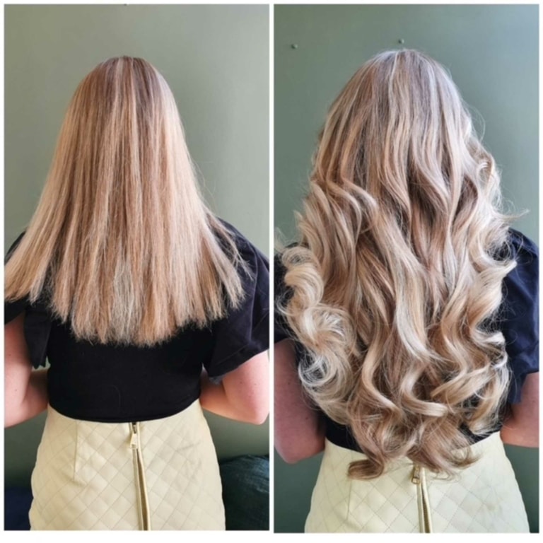 Vorher und nachher Vergleich einer Frau mit Haarverlängerung