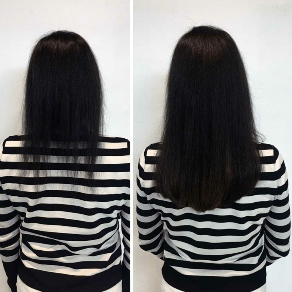 Vergleich vor und nach einer Haarverlängerung in Längen und Spitzen mit Hairdreams bei einer Frau mit schwarzen Haaren