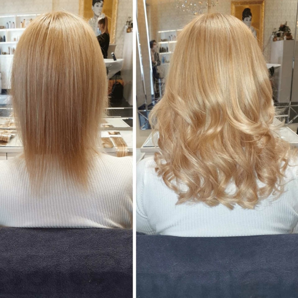 Vergleich vor und nach einer Haarverdichtung in Längen und Spitzen von Hairdreams bei einer Frau mit blonden Haaren