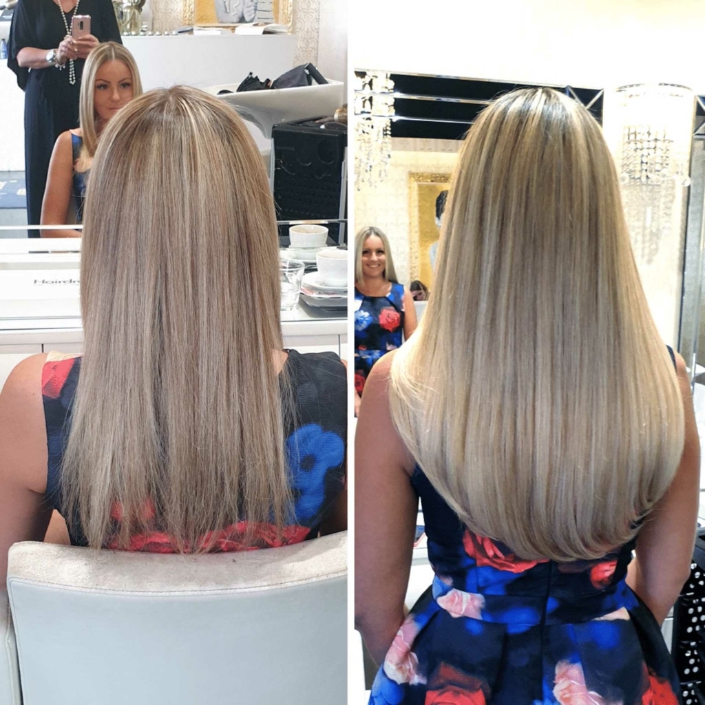 Before and after picture of hair thickening in lengths and tips on a woman with light blond hair