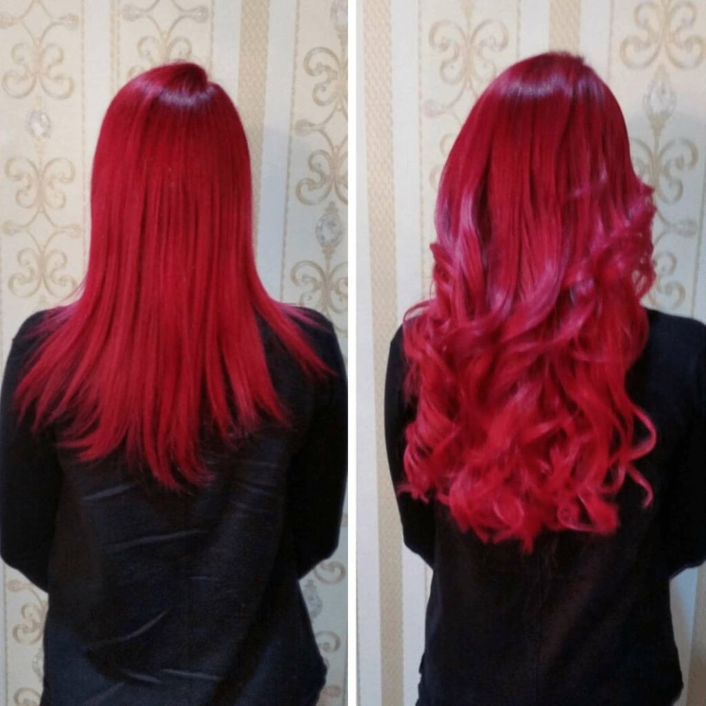 Before and after picture of hair thickening in lengths and tips on a woman with pink hair