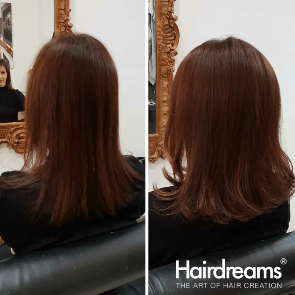 Before and after picture of hair thickening in lengths and tips on a woman with brown hair with reddish tinge from behind