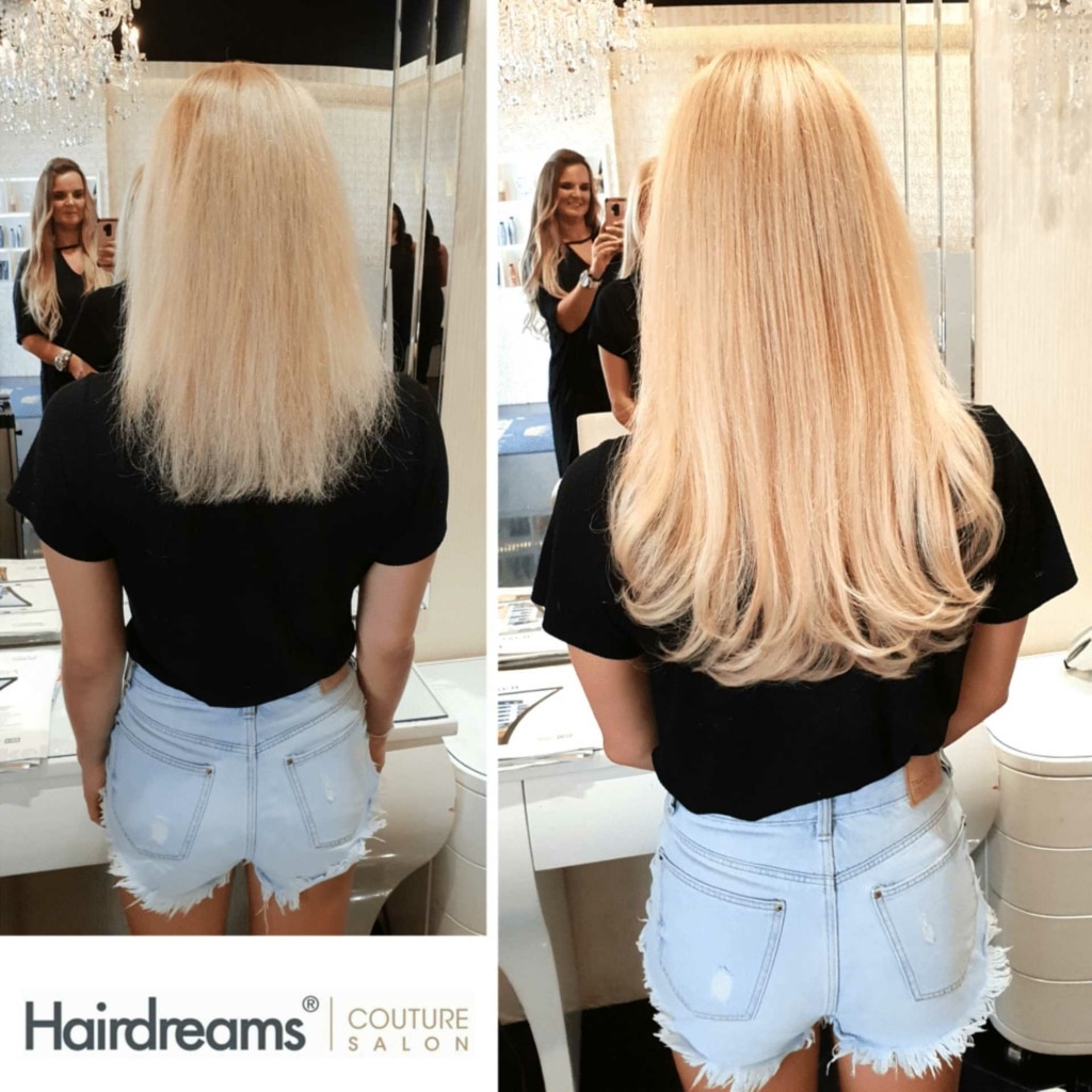 Vergleich vor und nach einer Haarverdichtung mit Hairdreams bei einer Frau mit blonden Haaren