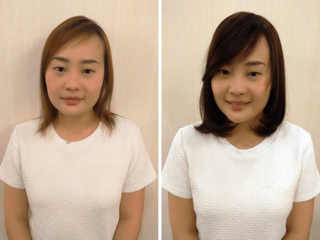 Before and after picture of hair thickening on a woman with brown hair