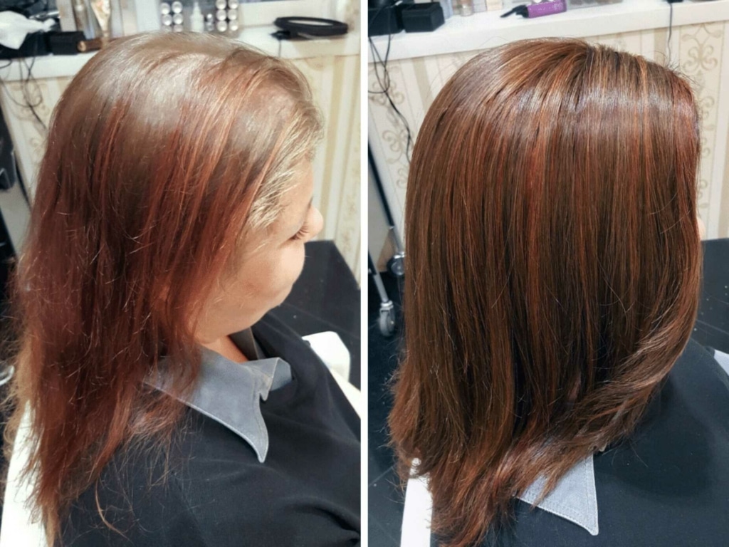 Vorher-Nachher-Bild einer Haarverdichtung bei einer Frau mit braunen Haaren