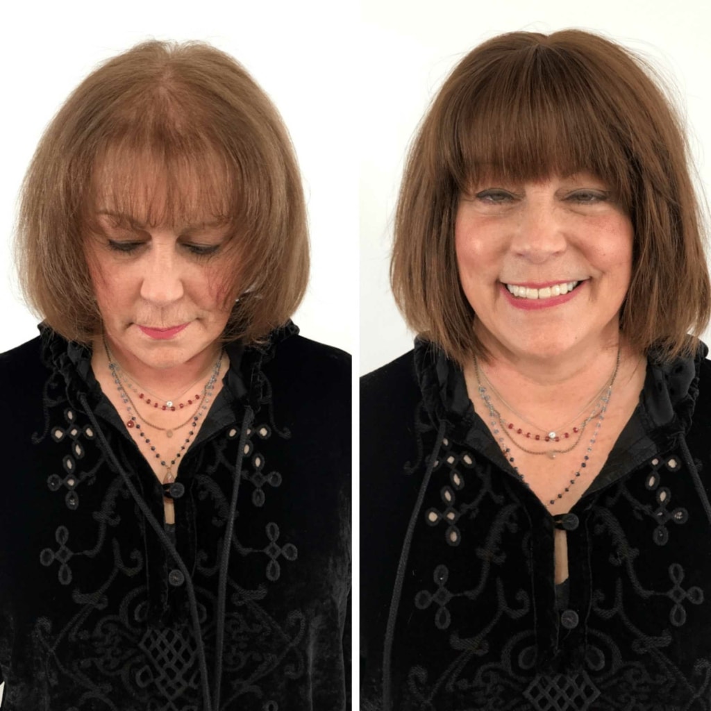 Before and after pictures of hair thickening on a woman with brown hair