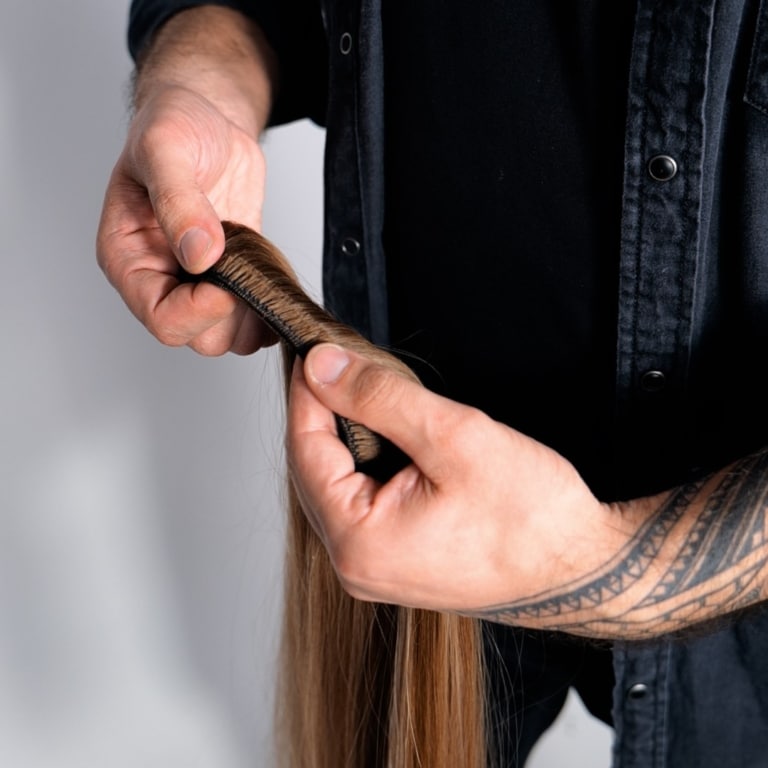 Een kapster toont het fijne bandje van de vlecht waaraan het Hairdreams haar is bevestigd.