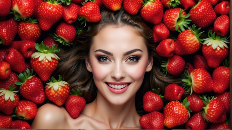 Retrato de una joven sonriente con un montón de deliciosas fresas frescas como telón de fondo.