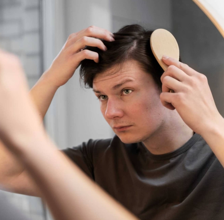 Un homme se brosse les cheveux et observe son cuir chevelu dans un miroir
